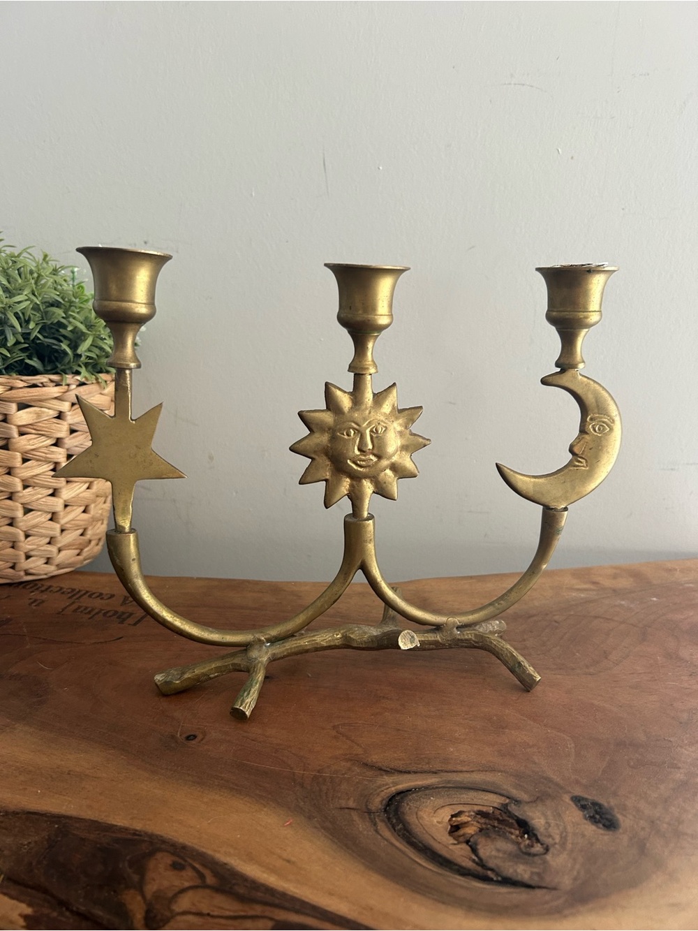 vintage metal Gold tone celestial candelabra candleholder sun, moon & star RARE
